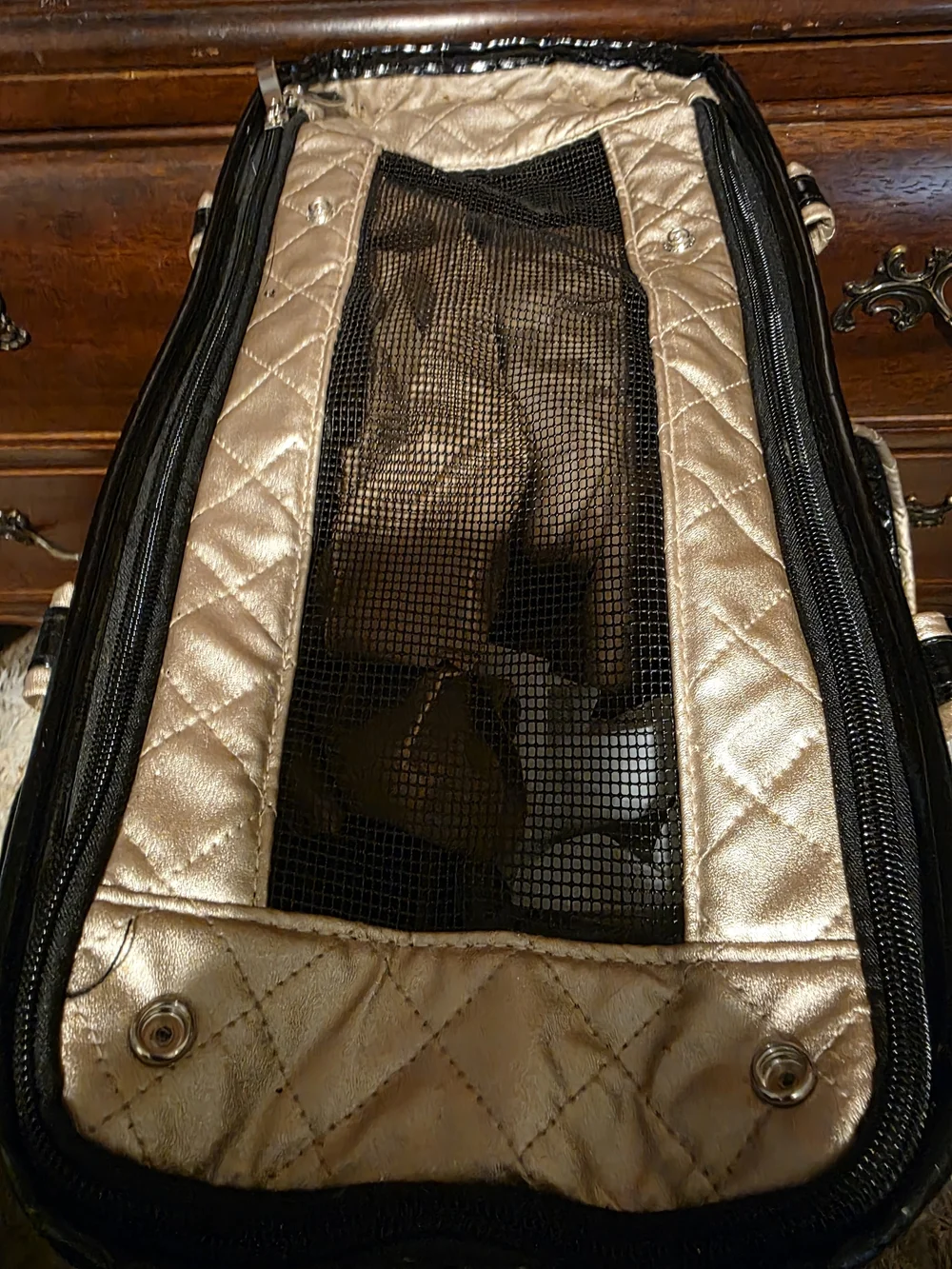 Max Studio Quilted Metallic Beige Tote with Black Trim